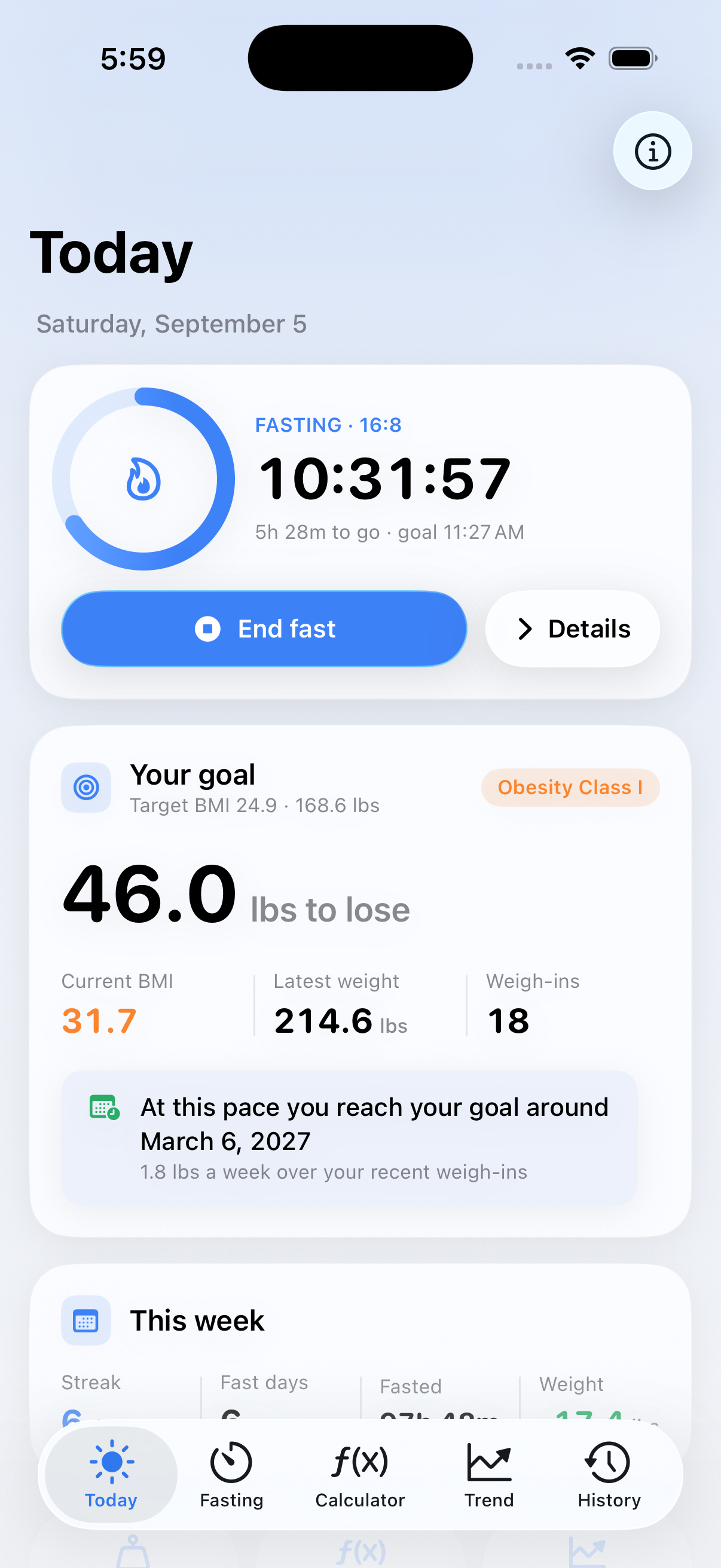 BMI Pathway Today screen showing a fasting timer, weight-to-goal, and a projected goal date